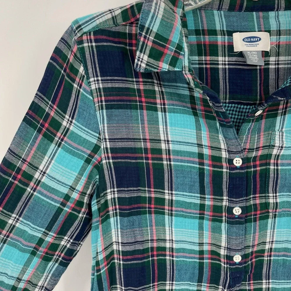 Old Navy Girl's Blue Plaid Long Sleeve Henley Tunic Shirt Dress Size XL 14 Reg